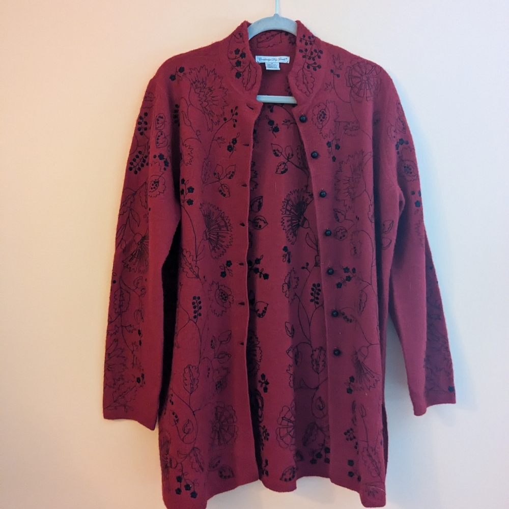 Red Floral Embroidered Cardigan